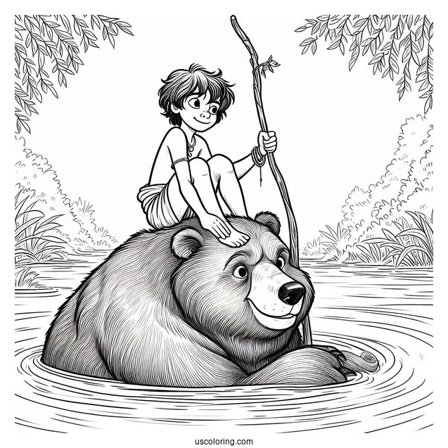 Jungle Book Coloring Page Of Mowgli Sitting On Top of Baloo While Floating In Water