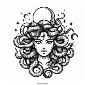 Detailed Medusa Coloring Page Head With Crescent Moon On Forehead