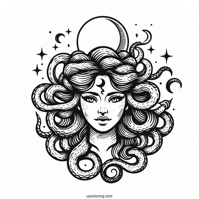 Detailed Medusa Coloring Page Head With Crescent Moon On Forehead