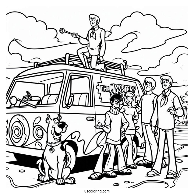 Scooby Gang With The Mystery Machine Coloring Page