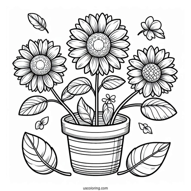 Flower Coloring Pages Of Three Happy Sunflowers In Garden Pot