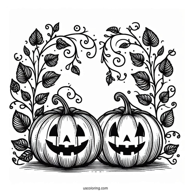 Pumpkin Coloring Page Two Jack O Lantern With Vines