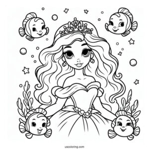 Princess Coloring Page Of Human Princess Ariel With Flounders