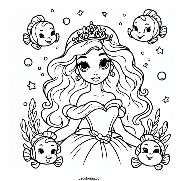 Princess Coloring Page Of Human Princess Ariel With Flounders