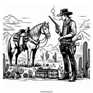 Cowboy Coloring Page With Guns Standing In Front Of Horse