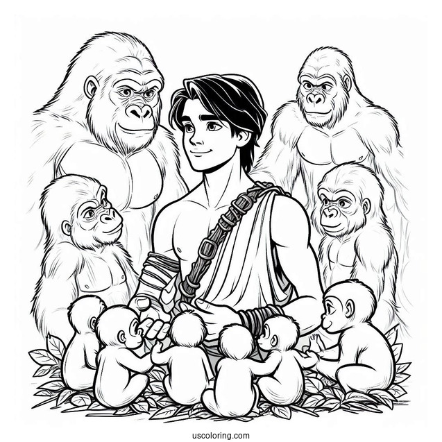 Young Tarzan Coloring Page Surrounded By Gorilla Family