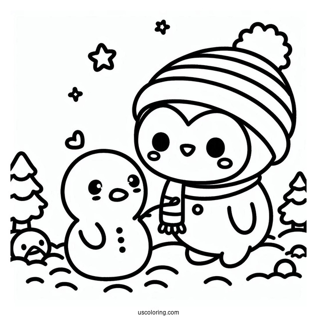 Pochacco Coloring Page And Penguin Making Snow Man For Kids