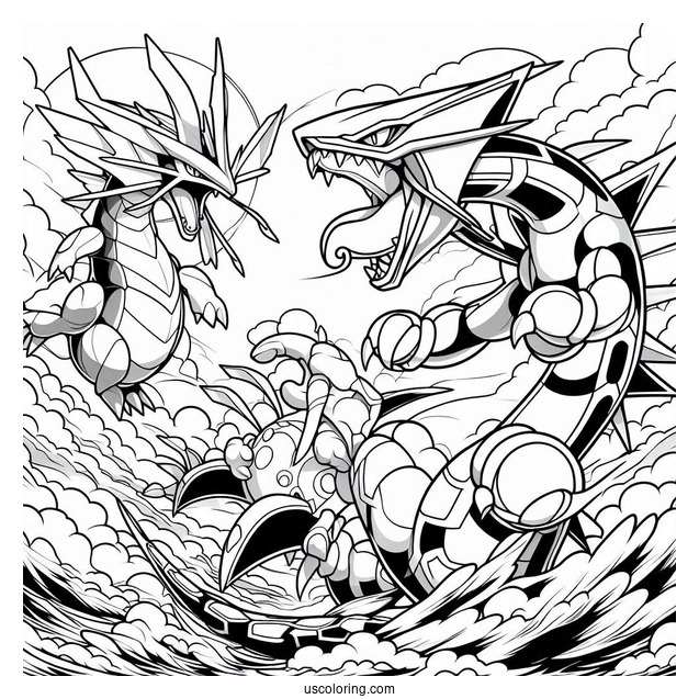 Kyogre Fighting With Groudon And Rayquaza Coloring Page