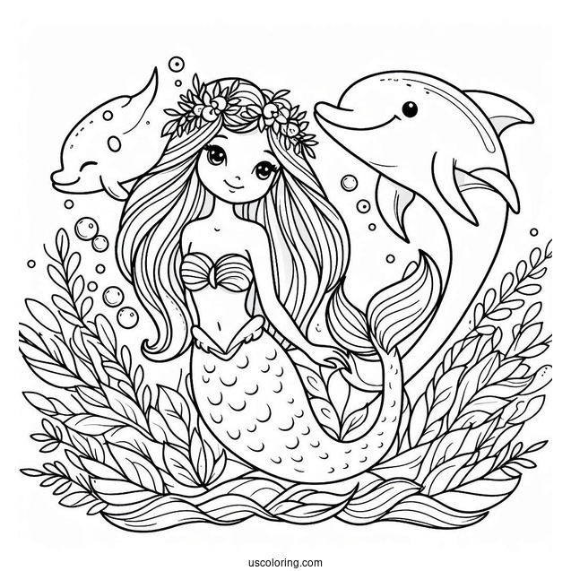 Mermaid And Dolphin Coloring Page