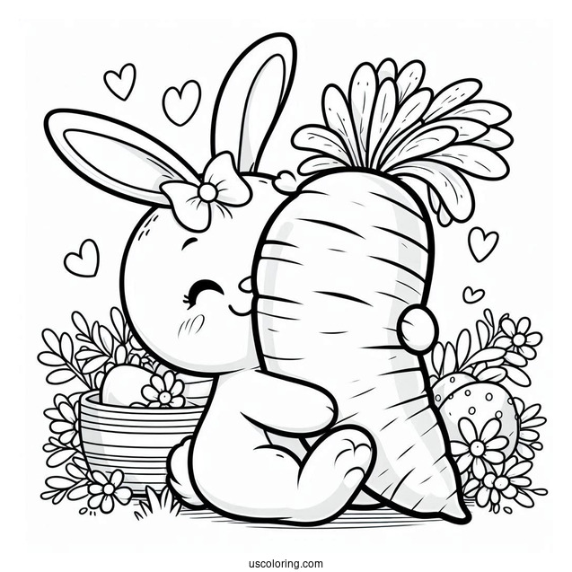 Smiling Easter Bunny Coloring Page Hugging Huge Carrot