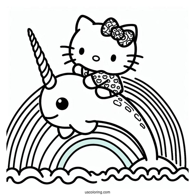 Hello Kitty Riding A Narwhal Coloring Page Over The Rainbow
