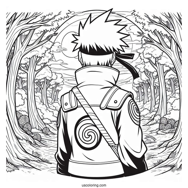 Hatake Kakashi Coloring Page In The Forest With Mangekyo Sharingan In The Sky
