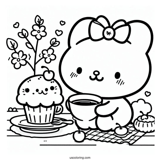 Sanrio Coloring Pages Of Pompompurin Drinking Tea With Muffin
