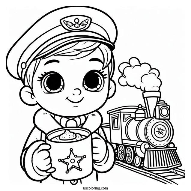 Polar Express Coloring Page Of Cartoon Conductor Holding A Cup Of Hot Coco For Kids