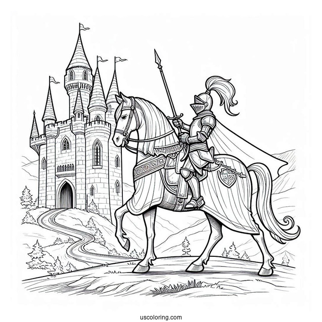 Knight On A Horse Leaving Castle Coloring Sheet