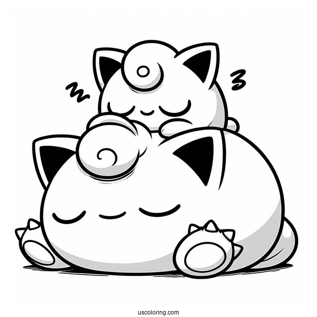 Jigglypuff Sleeping On Top Of Snorlax Coloring Page