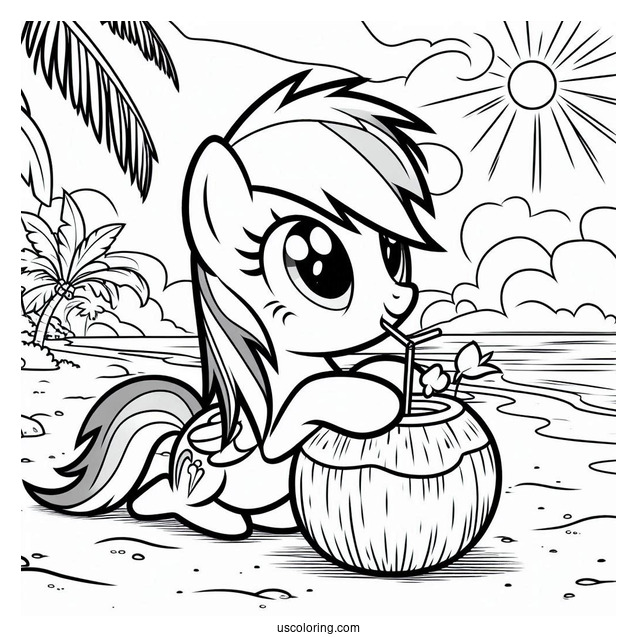 Rainbow Dash Coloring Page Holding Up Coconut Drink At The Beach