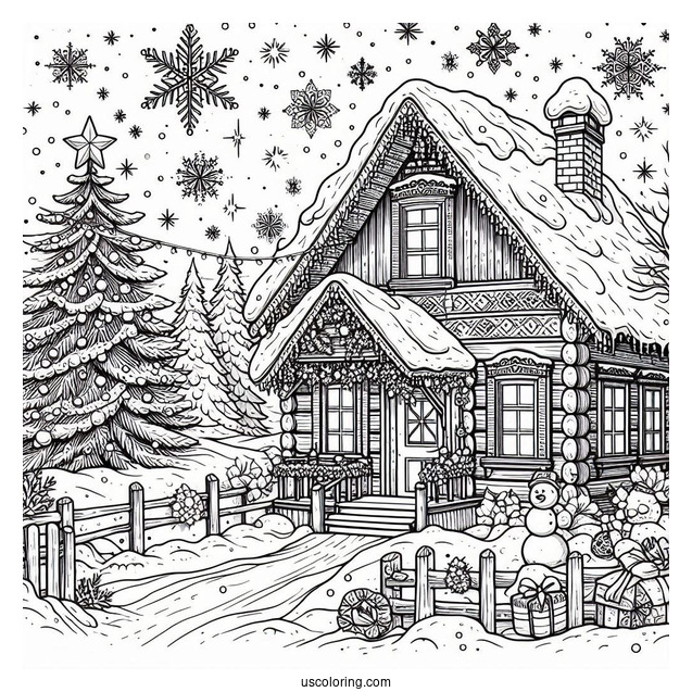 Christmas Coloring Pages For Adults Of House Covered In Snow On Christmas Day