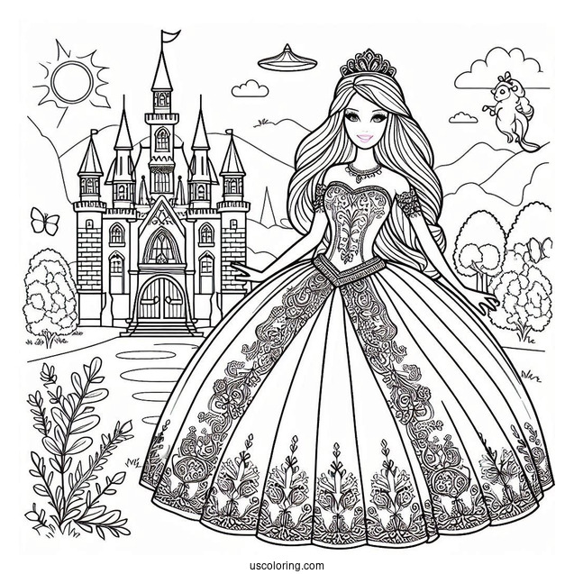 Princess Barbie In Front Of Castle To Color
