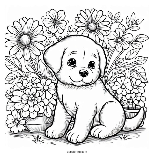 Labrador Puppy On Flower Bed Coloring Sheet