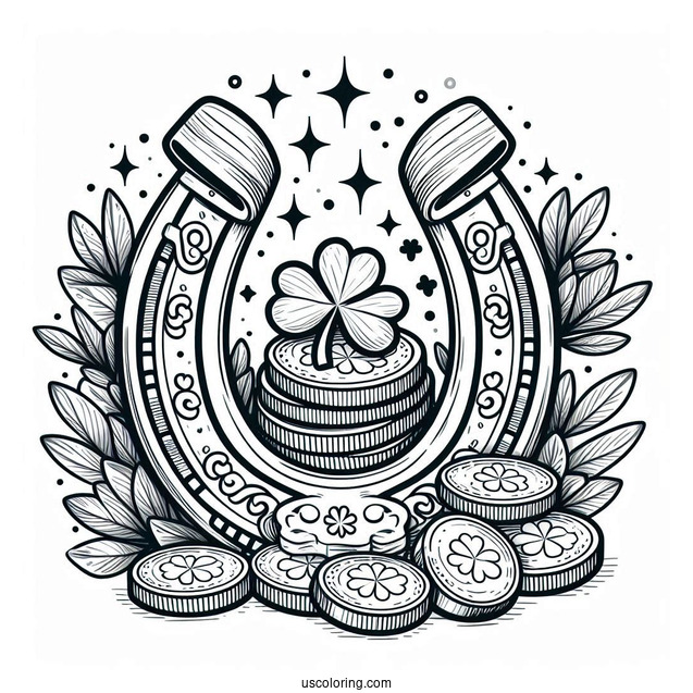 Lucky Horseshoe With Shamrocks And Coins To Color