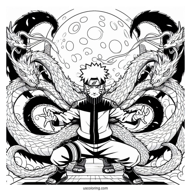 Naruto Coloring Page Of Fierce Nine Tails Under Full Moon