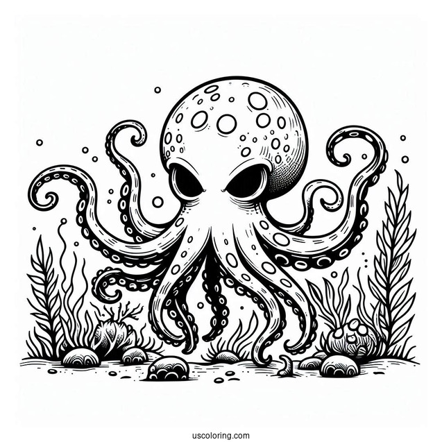 Scary Octopus Coloring Page Swimming In The Ocean