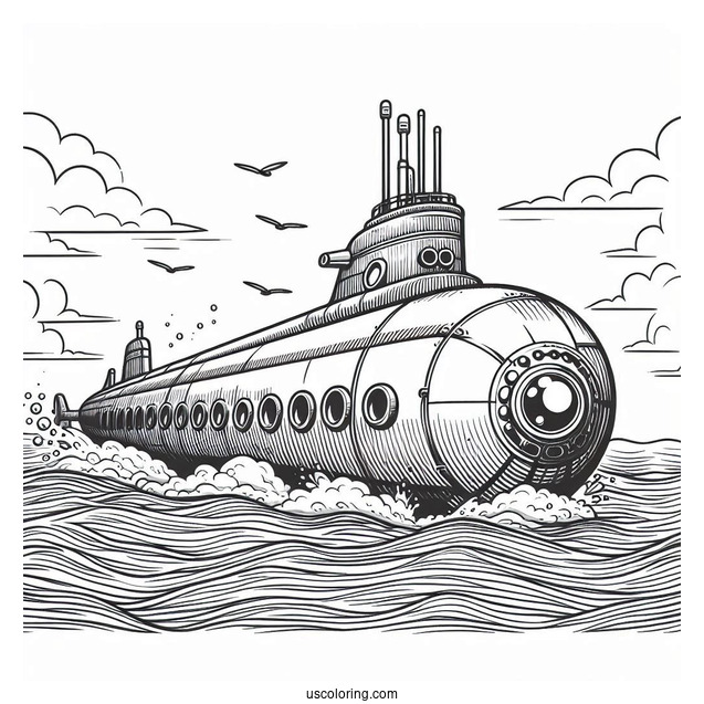Giant Submarine Coloring Page Near The Surface Of The Water