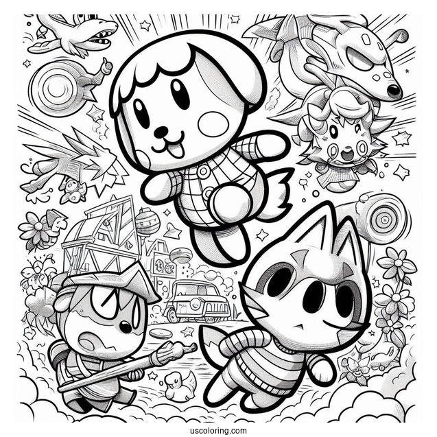 Super Smash Bros Coloring Page Of Animal Crossing Villager Leaping Over Mario And Star Fox