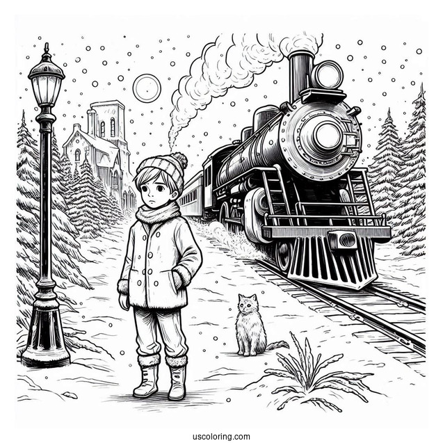 Polar Express Coloring Page Of Lonely Boy Standing In The Snow