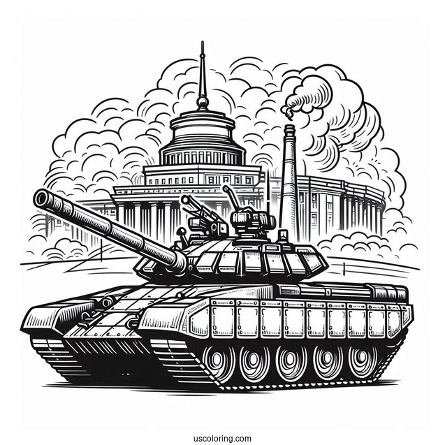 Simple Armata Russian Tank With Smoking Building in Background