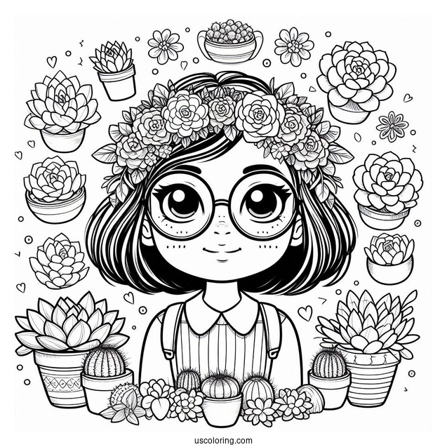 Nerdy Girl Surrounded By Succulents Coloring Page For Kids