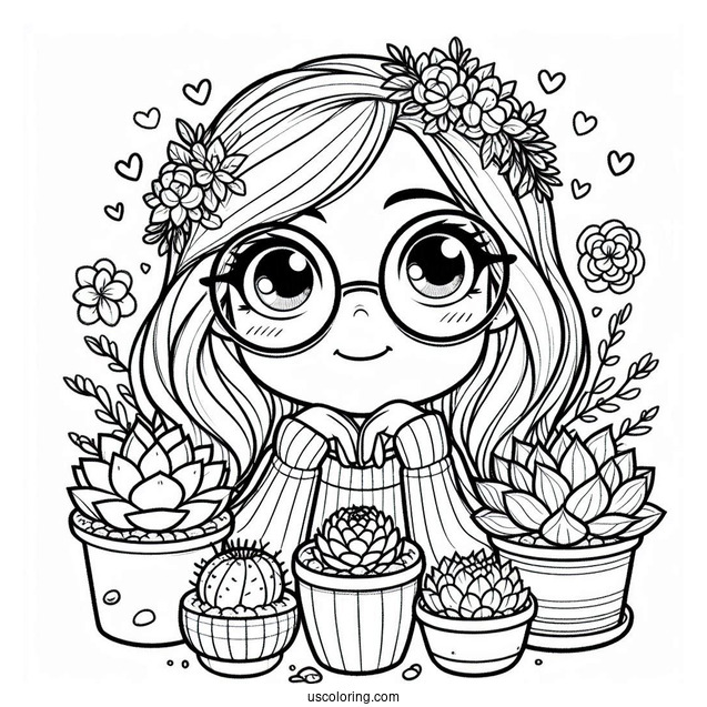 Nerdy Girl Surrounded By Succulents Coloring Page For Kids