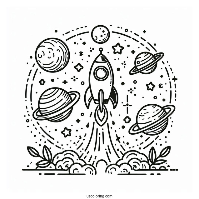 Rocket Taking Off Into Space With Planets To Color