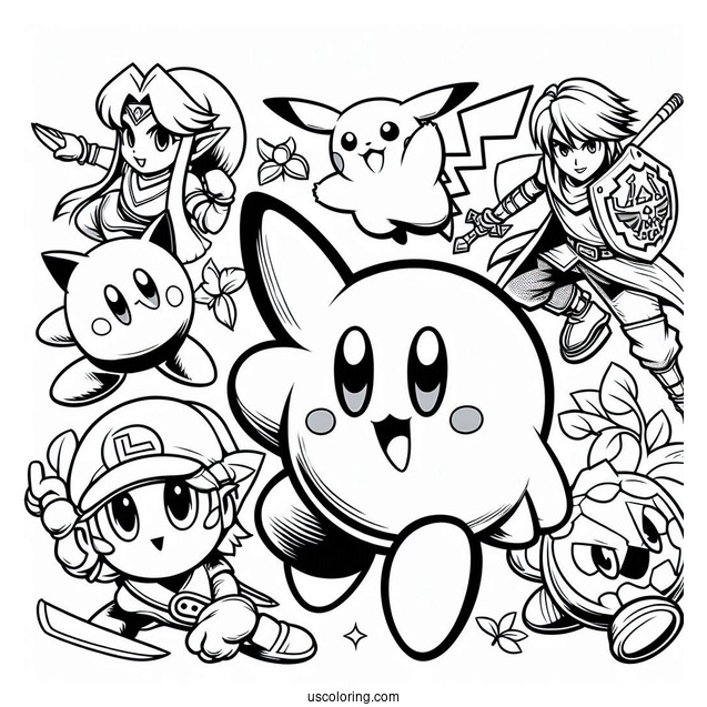 Kirby, Pikachu, Zelda, Sonic, And Little Mac Super Smash Bros Coloring Page