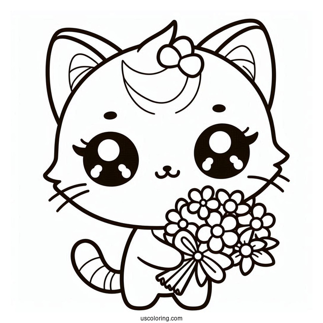 Kawaii Cat Holding A Flower Bouquet Coloring Sheet