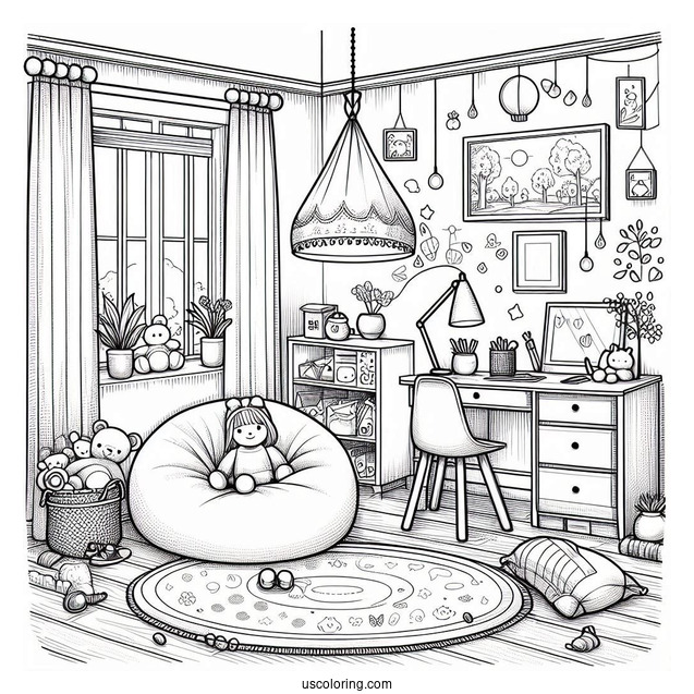 Kid's Bedroom Coloring Page With Bean Bag, Stuffed Toys, And Paintings