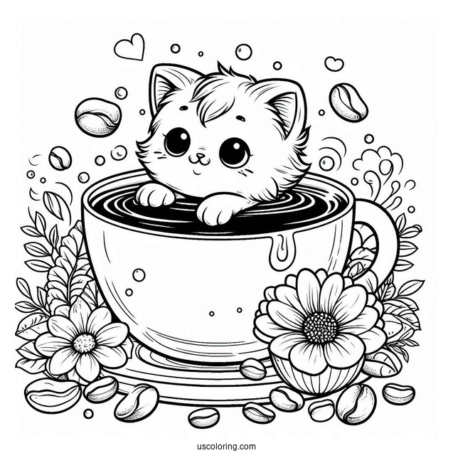 Coffee Coloring Pages Of Cute Kittens Swimming In Coffee Cup