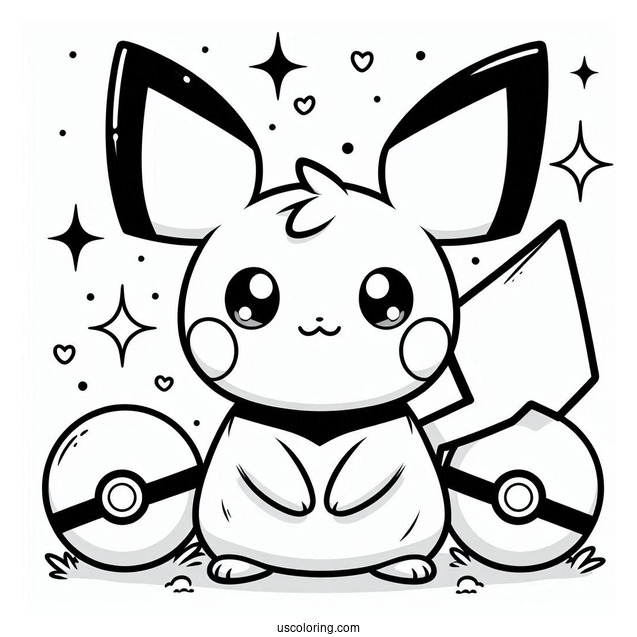 Kawaii Pichu Coloring Page With Pokeballs In The Background