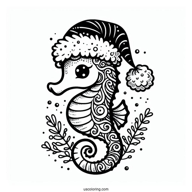Christmas Themed Seahorse To Color