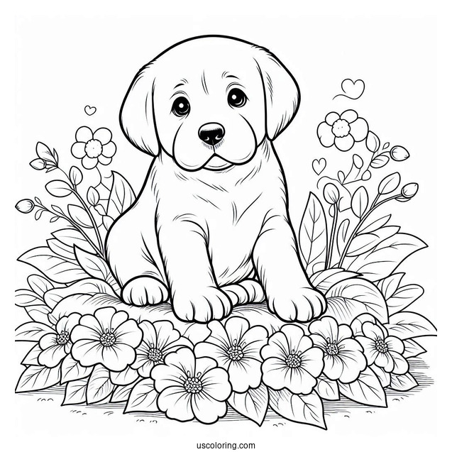 Labrador Puppy On Flower Bed Coloring Sheet