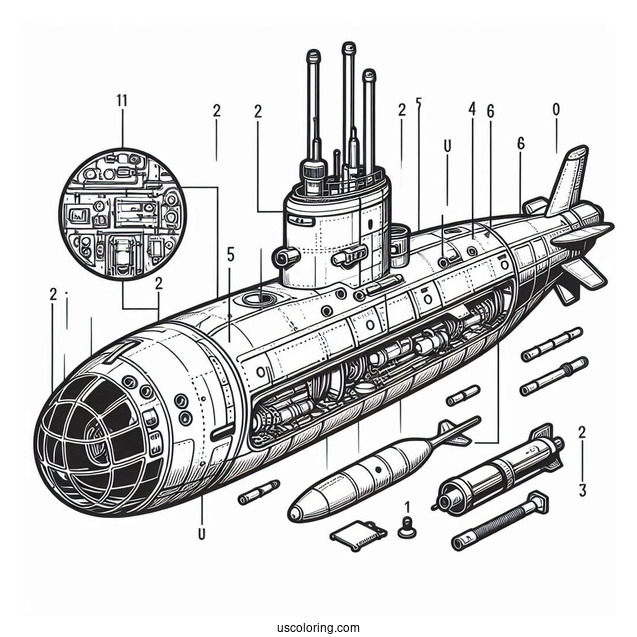 Submarine Coloring Page Internal Parts