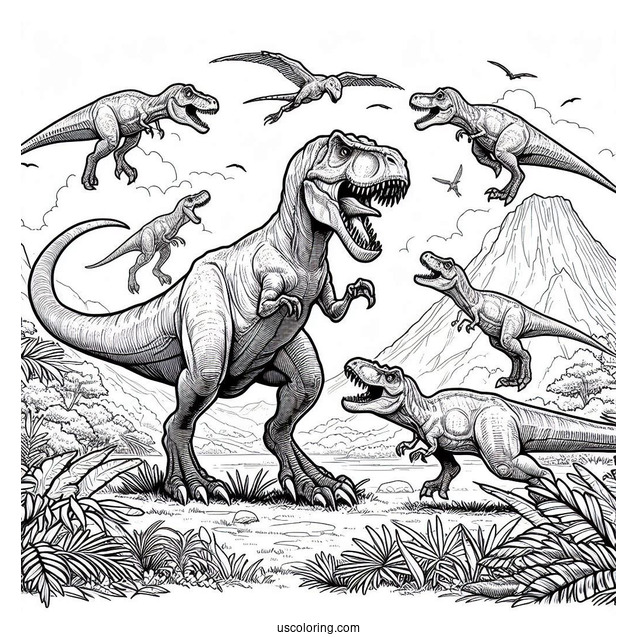 T-Rex Dinosaurs Fighting Velociraptors To Color
