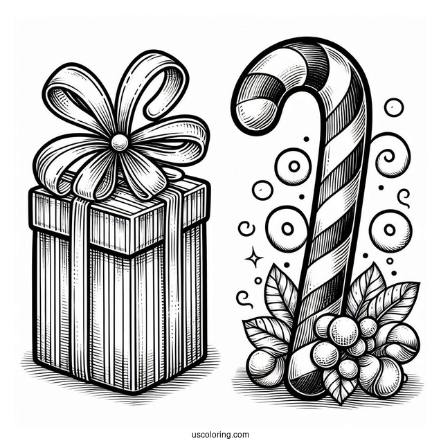 Large Candy Cane Coloring Page Beside A Christmas Present