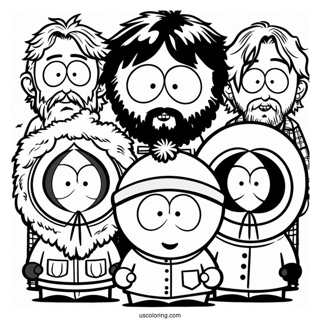 Eric, Stan, Kenny, And Kyle In Front Of South Park Coloring Page