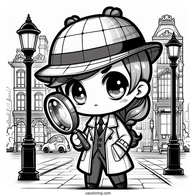 Mysterious Chibi Coloring Page Detective Holding Magnifying Glass in a City Street