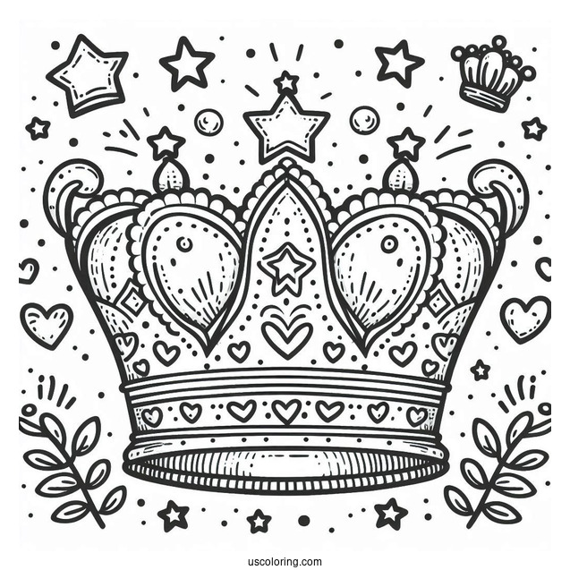Playful Royal Crown Coloring Page Surrounded by Hearts and Stars For Kids
