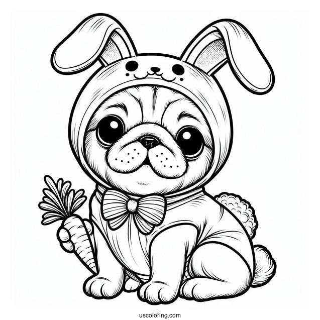 Pug Coloring Page in Bunny Costume Holding Carrot For Kids