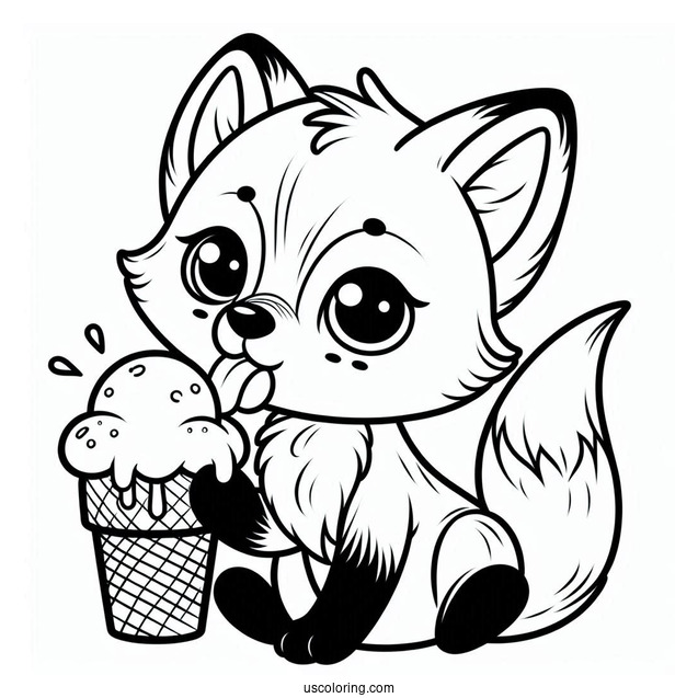 Baby Fox Coloring Page Licking An Ice Cream For Preschoolers