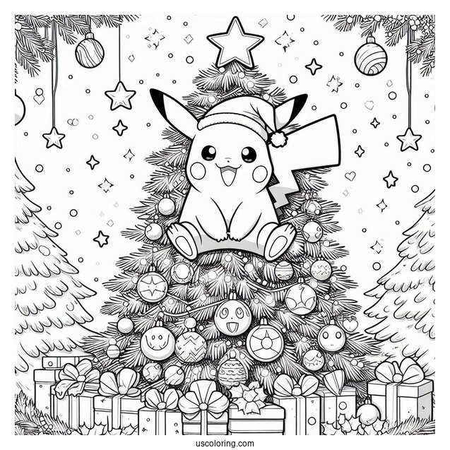 Pokemon Christmas Coloring Page Pikachu On Top Of A Christmas Tree With Pokemon Ornaments